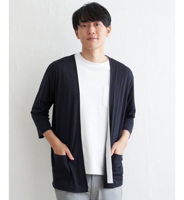 ikka「7分バイカラーボタンレスカーディガン」|カーディガン|ネイビー