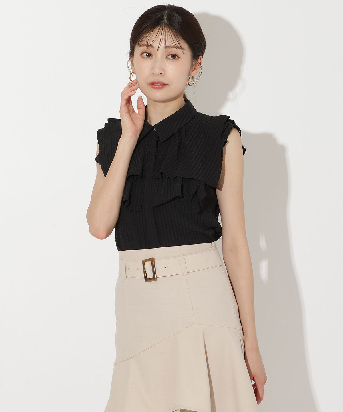 アンドクチュール「シアーチェックレイヤーフリルブラウス」|シャツ・ブラウス|