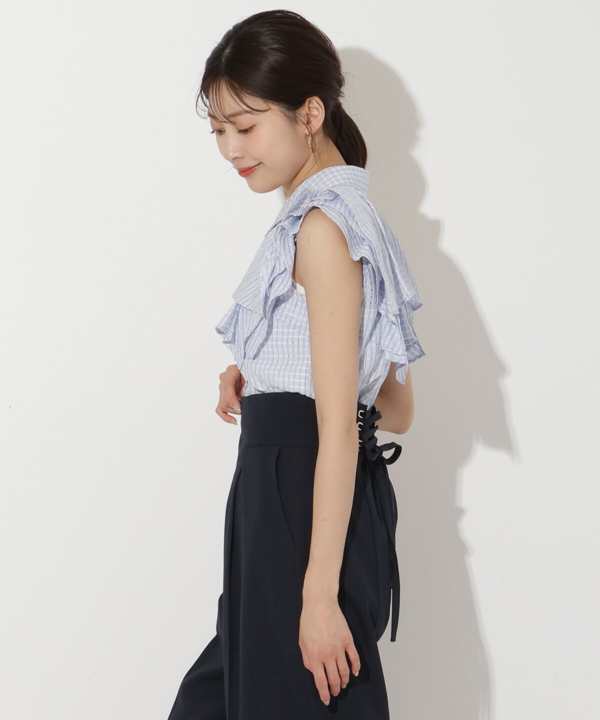 アンドクチュール「シアーチェックレイヤーフリルブラウス」|シャツ・ブラウス|