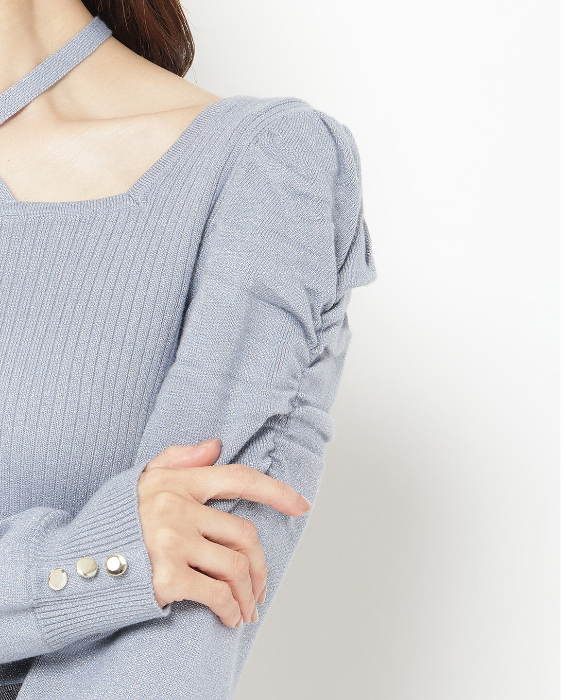 アンドクチュール「スクエアネック袖ギャザーラメプルオーバー」|ニット・セーター|