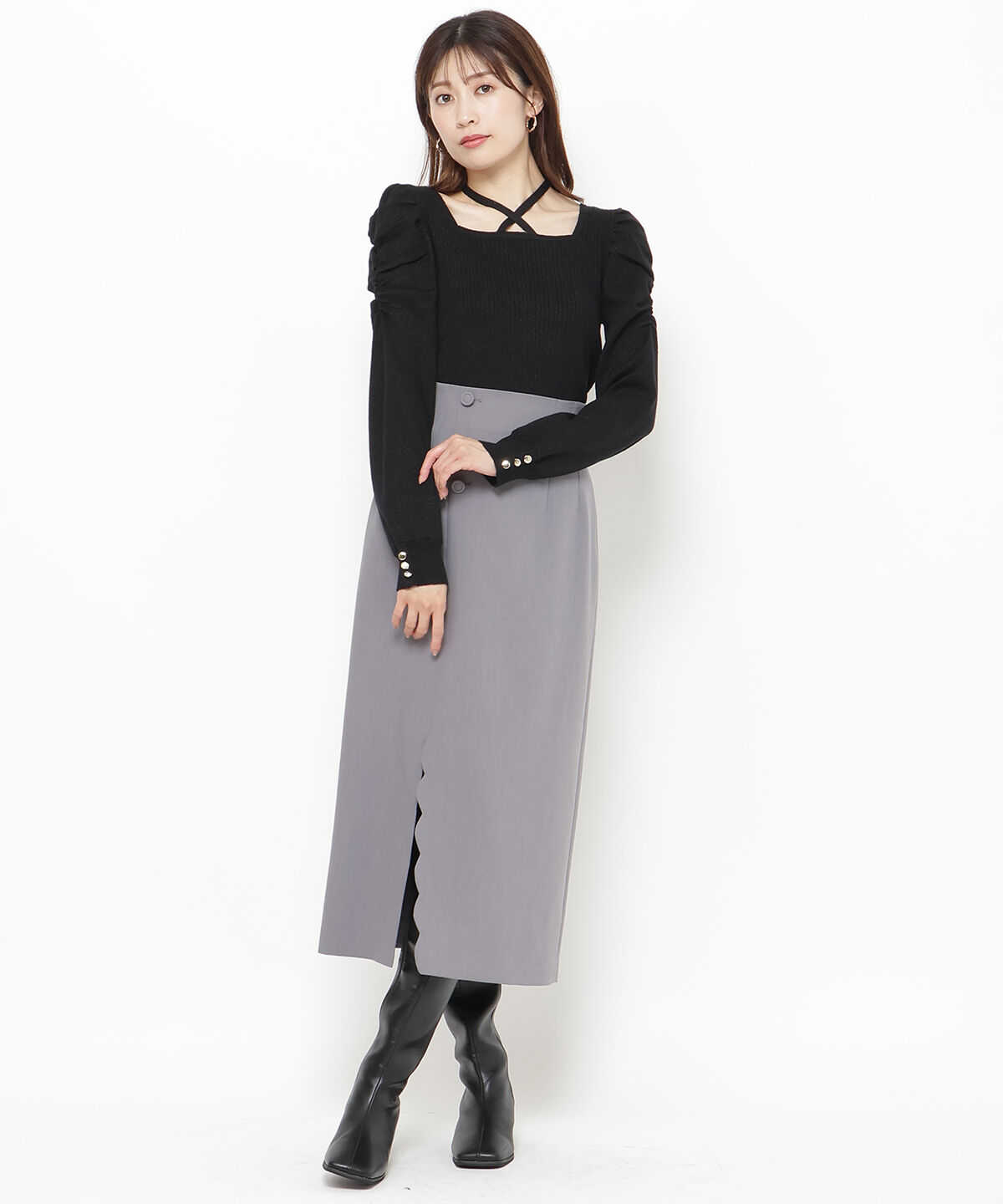 アンドクチュール「スクエアネック袖ギャザーラメプルオーバー」|ニット・セーター|