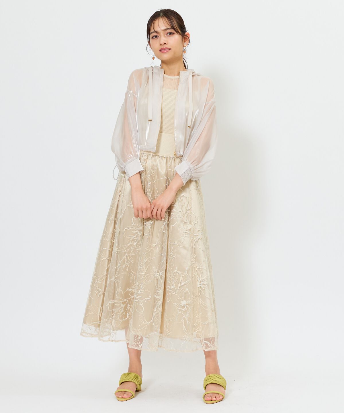 アンドクチュール「ラメフラワー刺繍チュールスカート」|フレア|