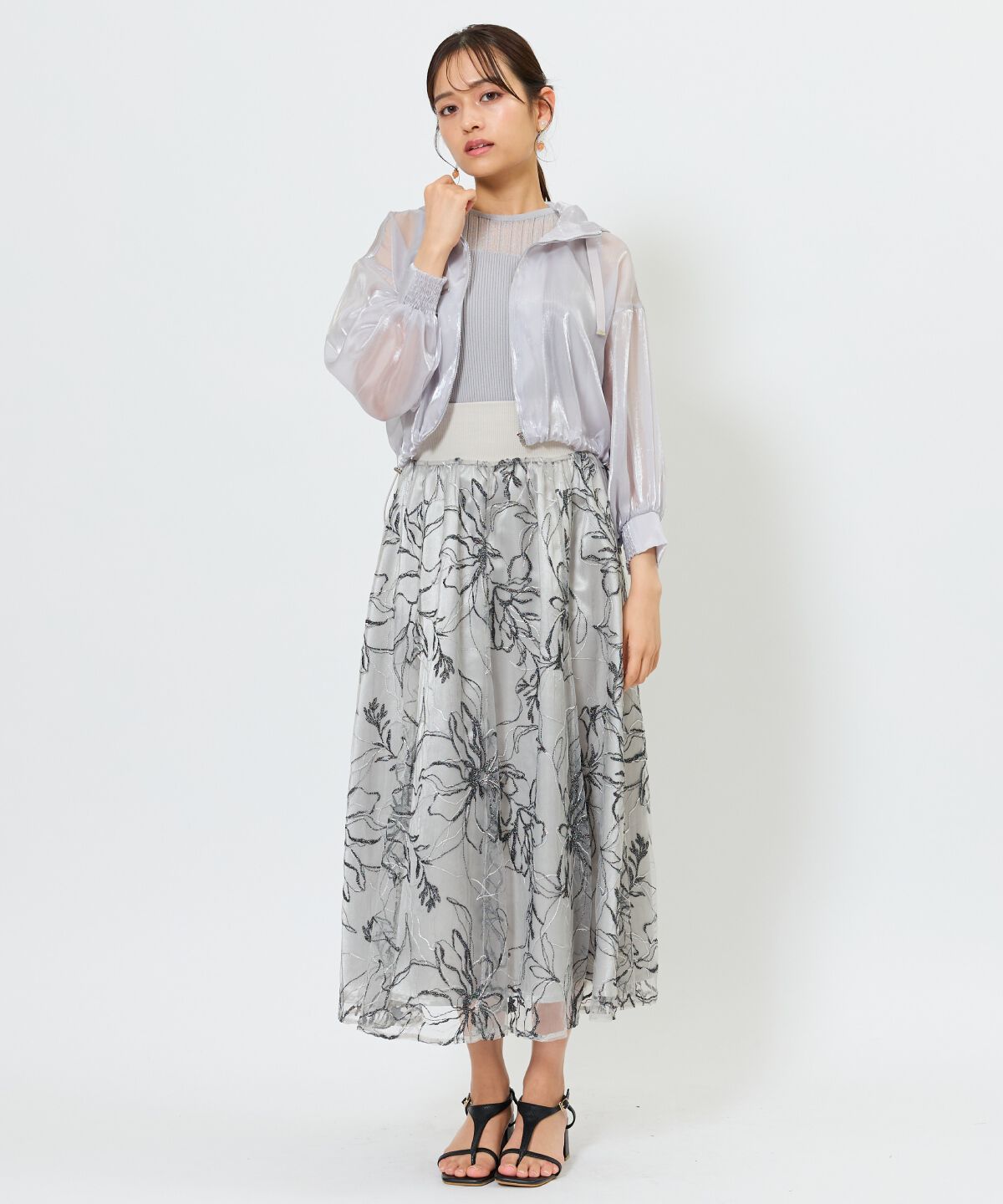 アンドクチュール「ラメフラワー刺繍チュールスカート」|フレア|