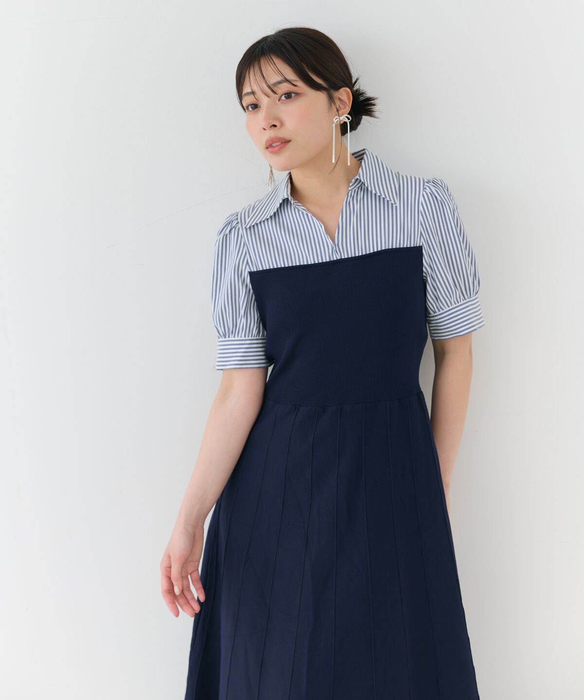 アンドクチュール「スキッパーシャツドッキング5分袖ワンピース」|ワンピース|