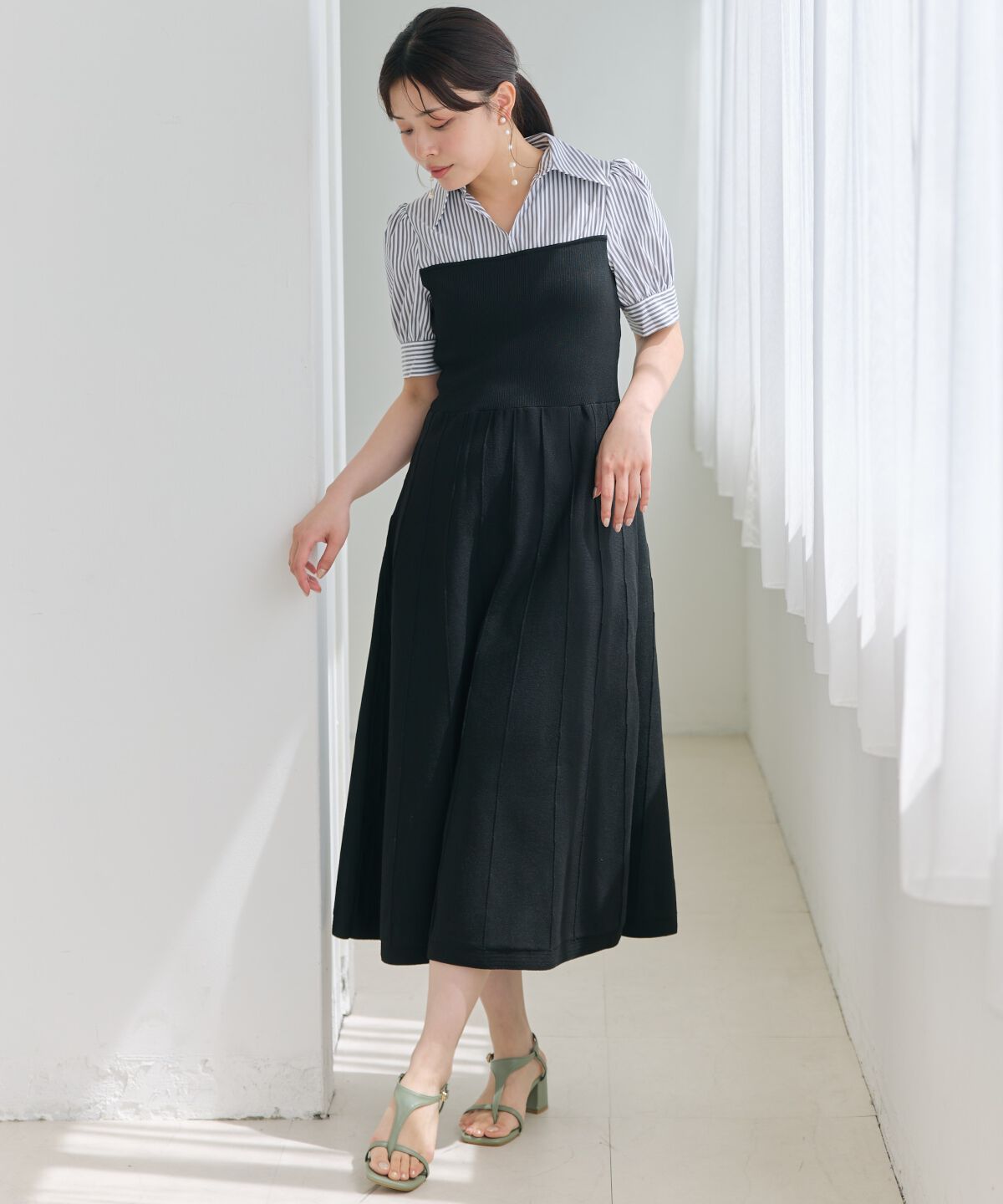 アンドクチュール「スキッパーシャツドッキング5分袖ワンピース」|ワンピース|