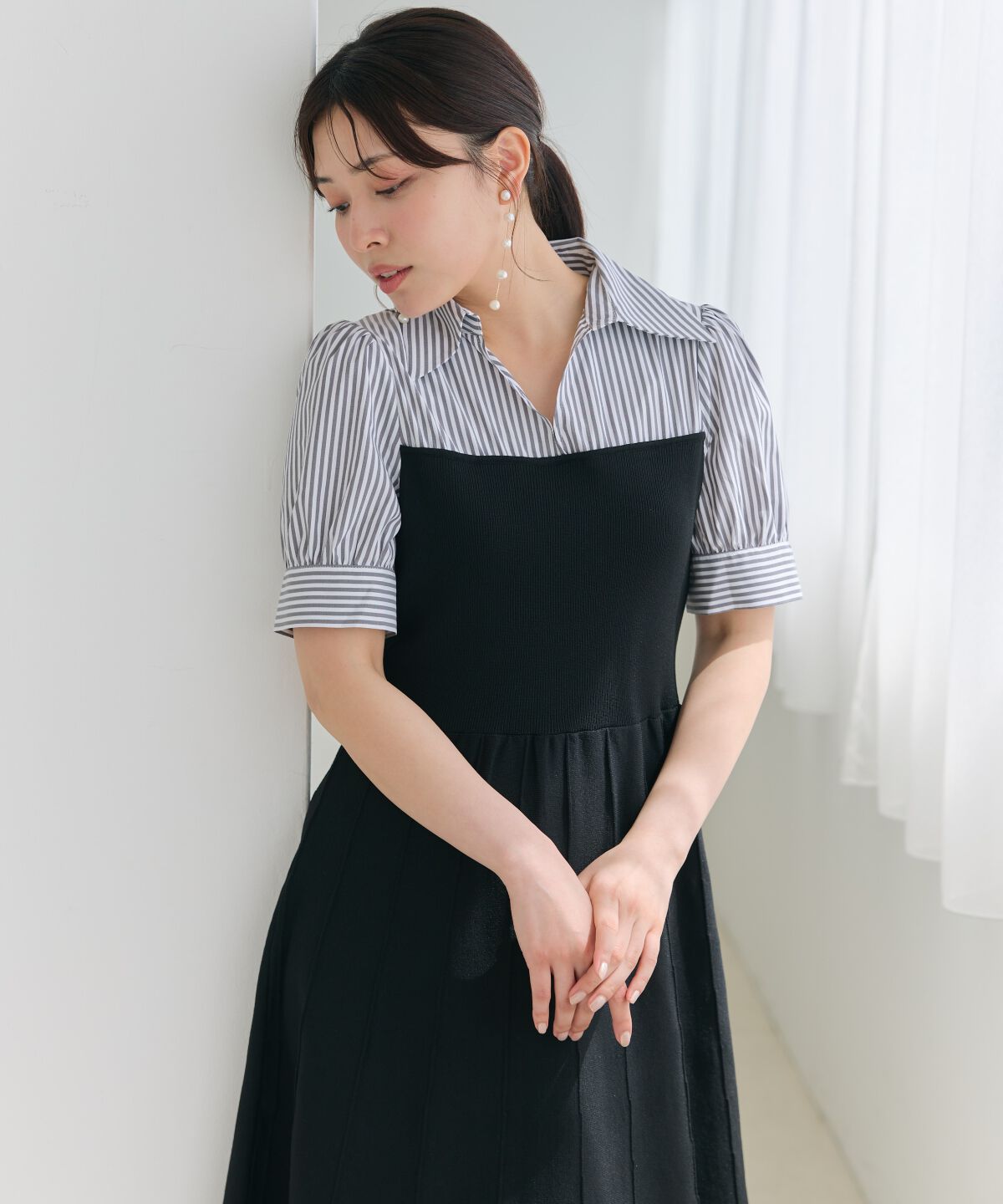 アンドクチュール「スキッパーシャツドッキング5分袖ワンピース」|ワンピース|