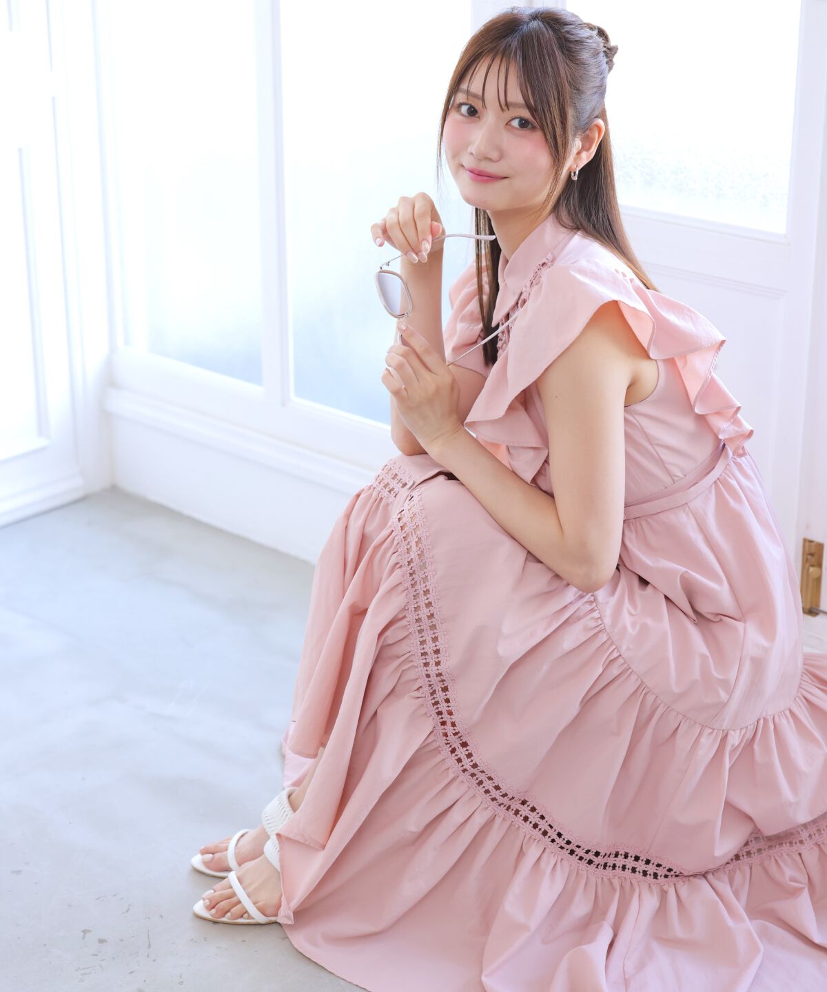 アンドクチュール「コットンレースフリルシャツワンピース」|ワンピース|ピンク