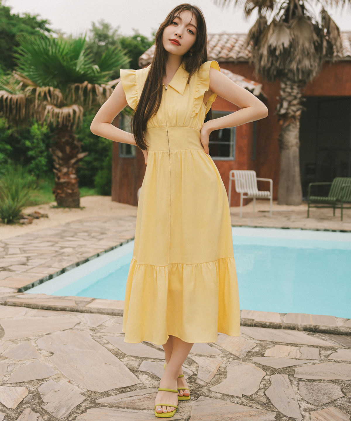 REDYAZEL「フロントZIPティアードワンピース」|ワンピース|イエロー