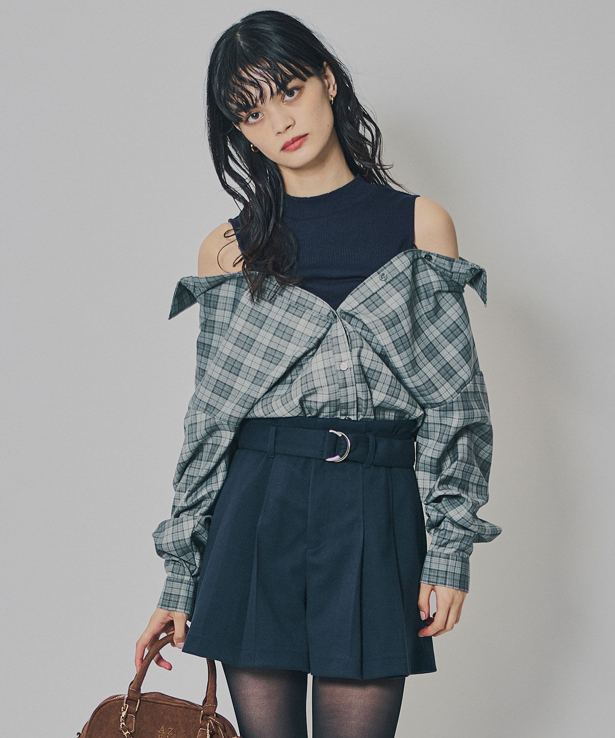 REDYAZEL「マルチウェイオフショルチェックシャツ&times;タンクトップ」|シャツ・ブラウス|グレー