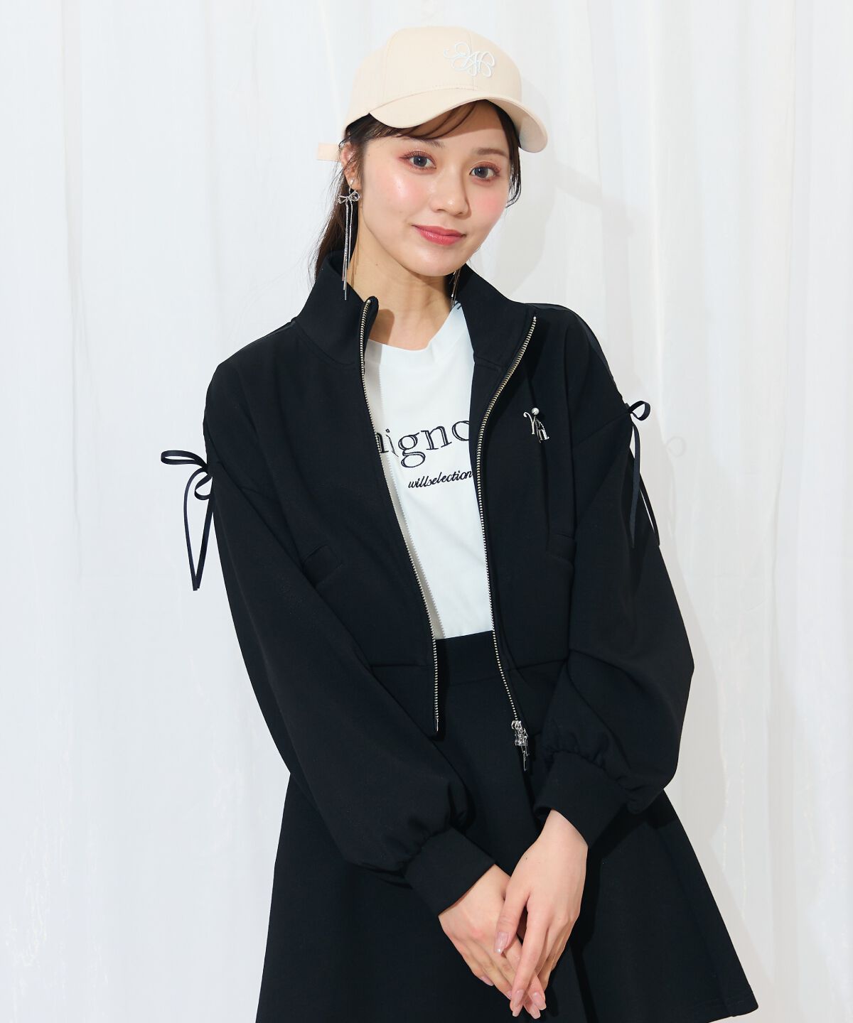 WILLSELECTION「ロゴ刺繍リボントラックジャケット」|パーカー|ブラック