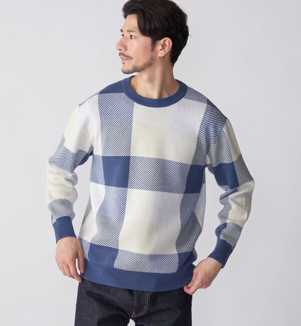 SHIPS「SHIPS:〈手洗い可能〉コットン カシミヤ チェック クルーネック ニット」|ニット・セーター|ベージュ系