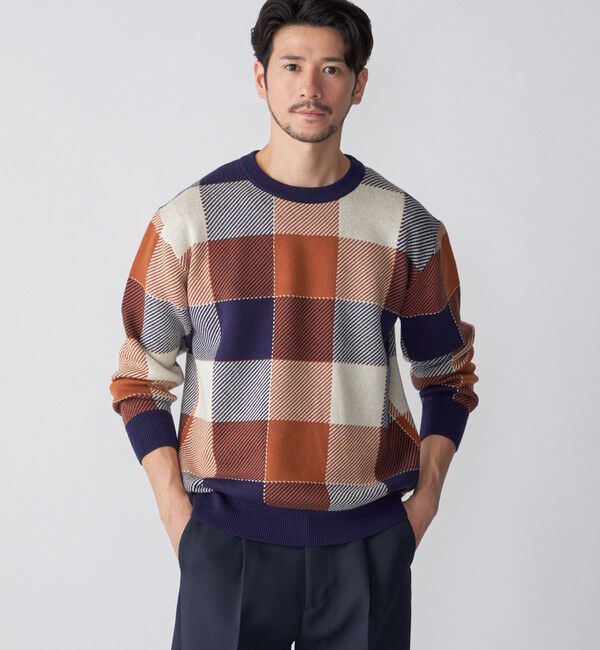 SHIPS「SHIPS:〈手洗い可能〉コットン カシミヤ チェック クルーネック ニット」|ニット・セーター|