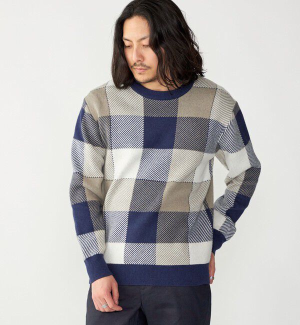 SHIPS「SHIPS:〈手洗い可能〉コットン カシミヤ チェック クルーネック ニット」|ニット・セーター|