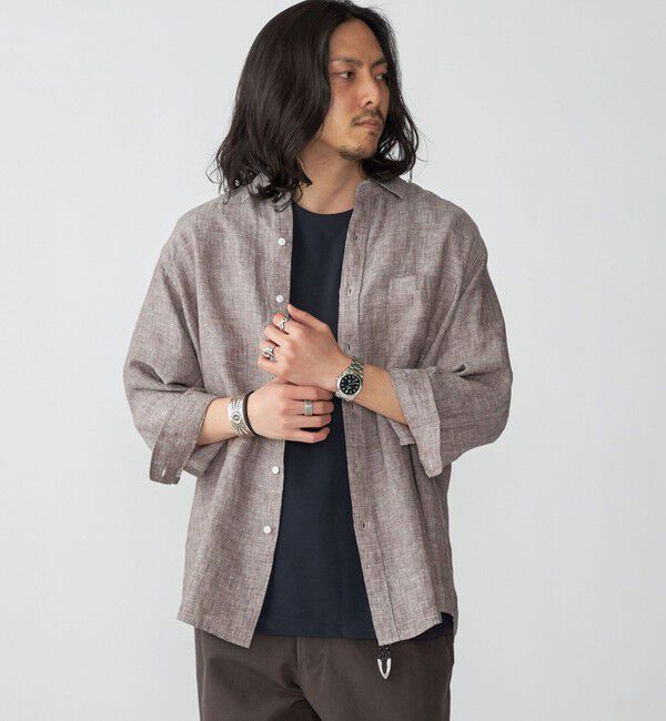 SHIPS「SHIPS: レイモンド レギュラーカラー リネン 7スリーブ シャツ」|シャツ・ブラウス|ブラウン