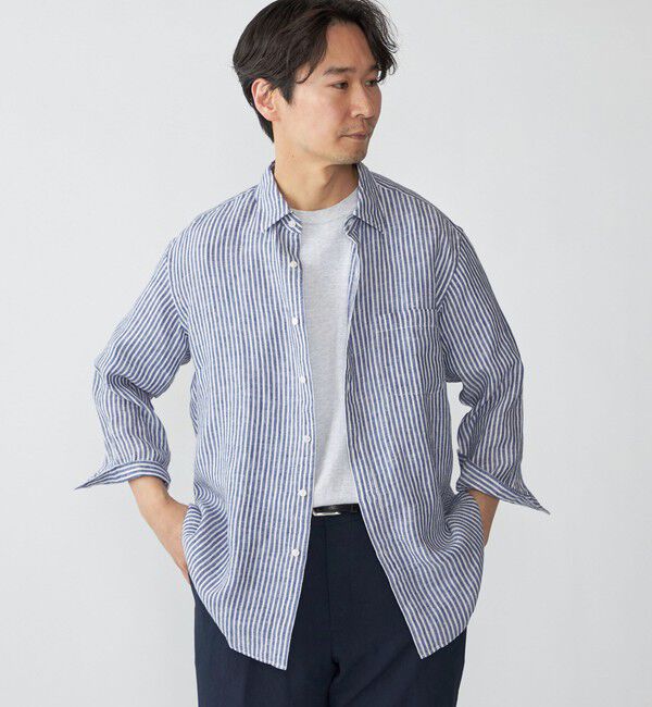 SHIPS「SHIPS: レイモンド レギュラーカラー リネン 7スリーブ シャツ」|シャツ・ブラウス|ブルー