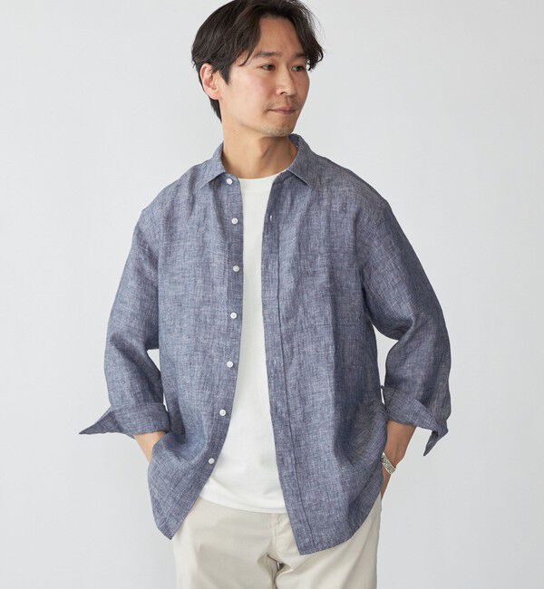 SHIPS「SHIPS: レイモンド レギュラーカラー リネン 7スリーブ シャツ」|シャツ・ブラウス|ネイビー