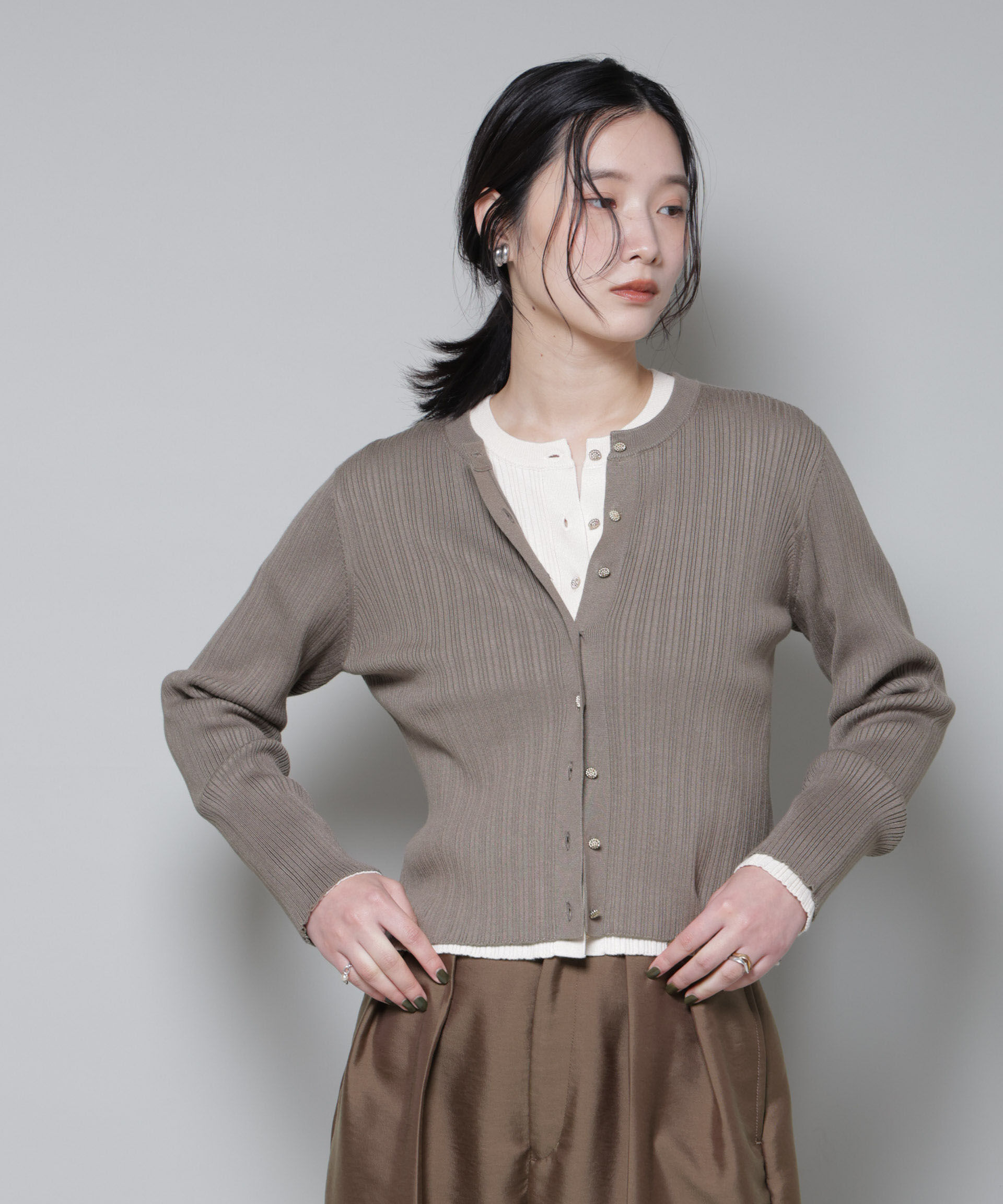 nano･universe「ホホバオイル加工ランダムリブカーディガン」|ニット・セーター|モカ3