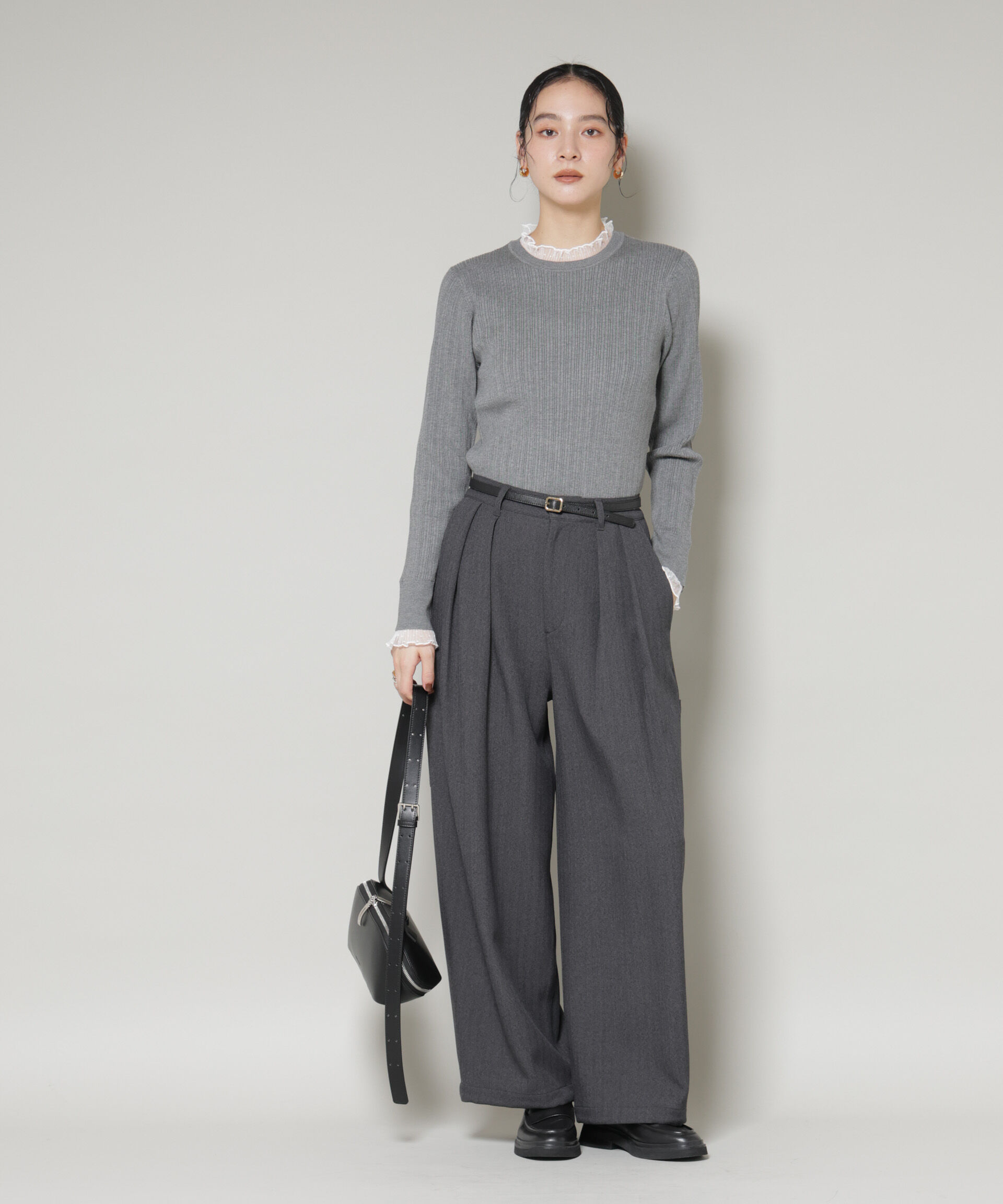 nano･universe「ホホバオイル加工チュールフリル付きランダムリブニット」|ニット・セーター|