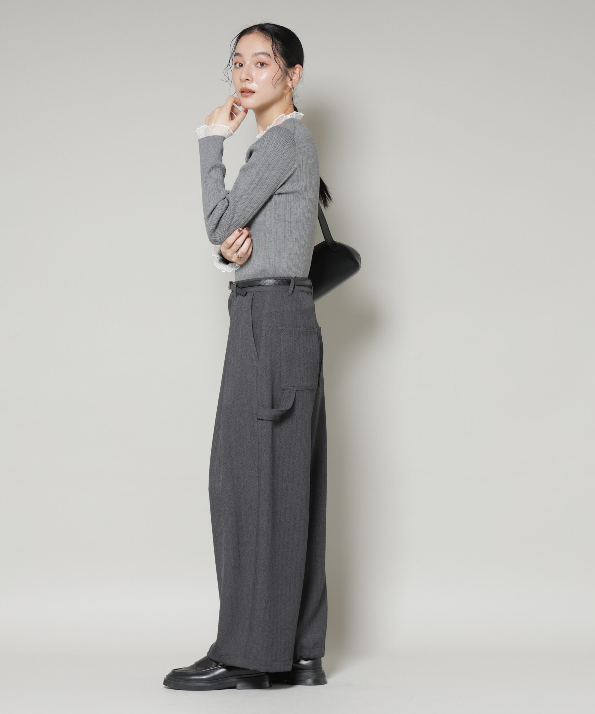 nano･universe「ホホバオイル加工チュールフリル付きランダムリブニット」|ニット・セーター|