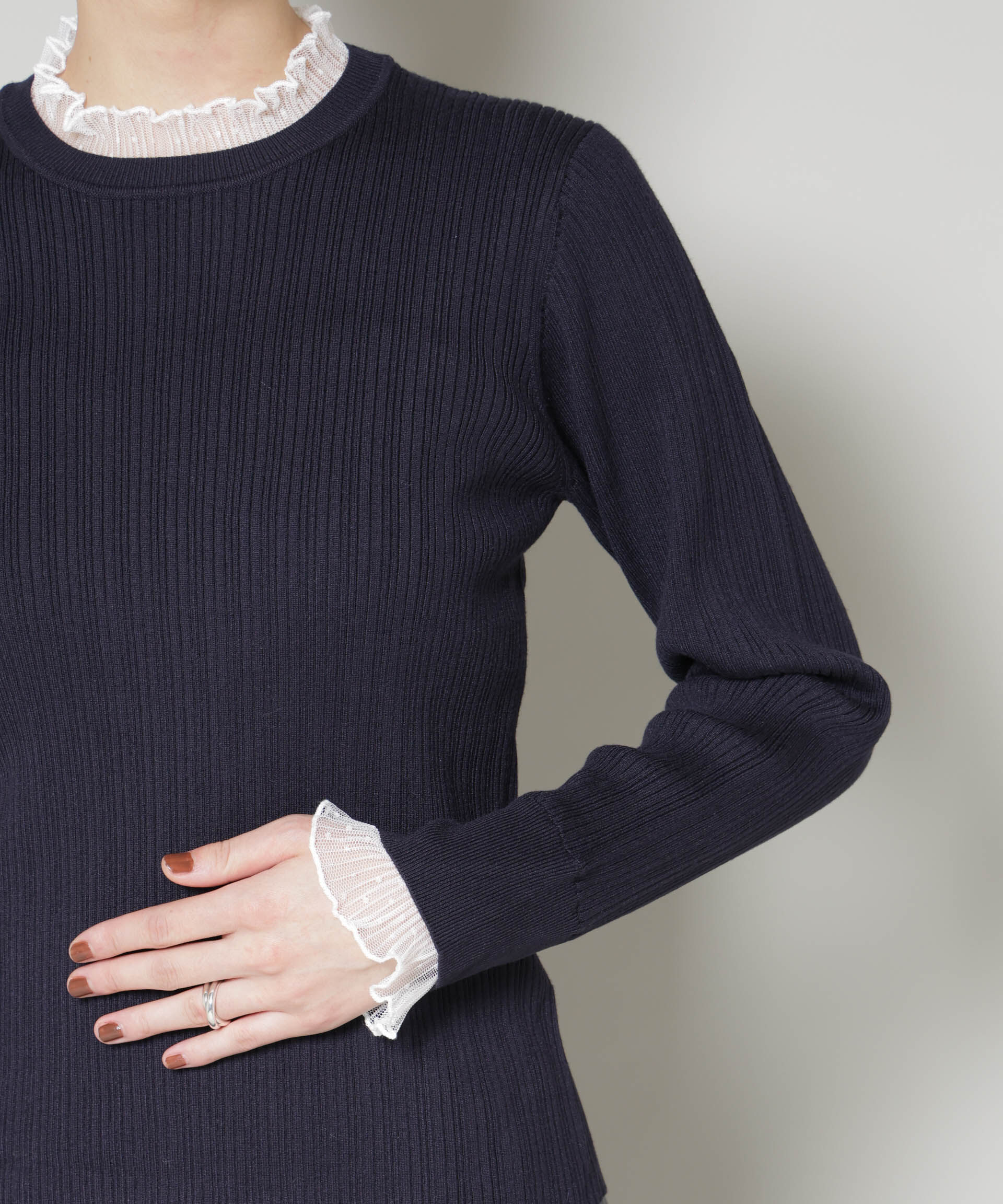 nano･universe「ホホバオイル加工チュールフリル付きランダムリブニット」|ニット・セーター|