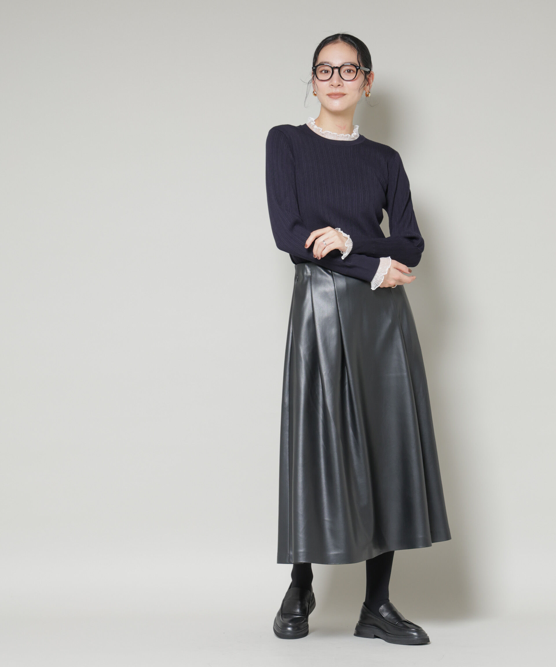 nano･universe「ホホバオイル加工チュールフリル付きランダムリブニット」|ニット・セーター|