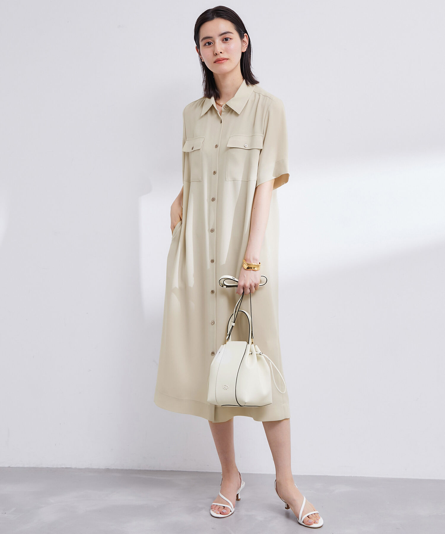 ROPE「【撥水加工】【洗える】とろみドライタッチシャツワンピース/セットアップ対応」|ワンピース|ベージュ(27)