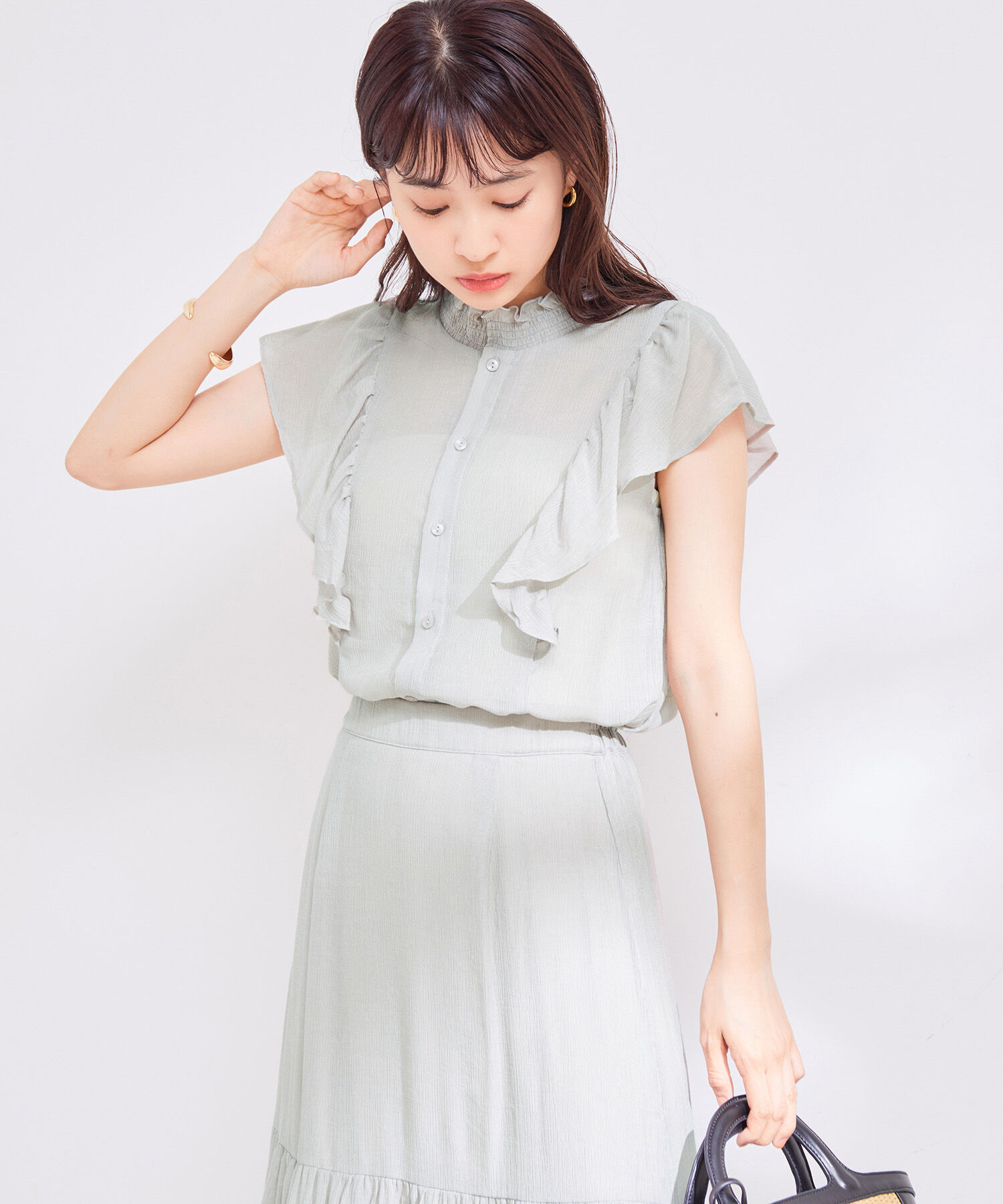 vis-a-vis「【WEB限定】【SET】楊柳フリルノースリブラウス＆ティアードスカートセット」|ワンピース|