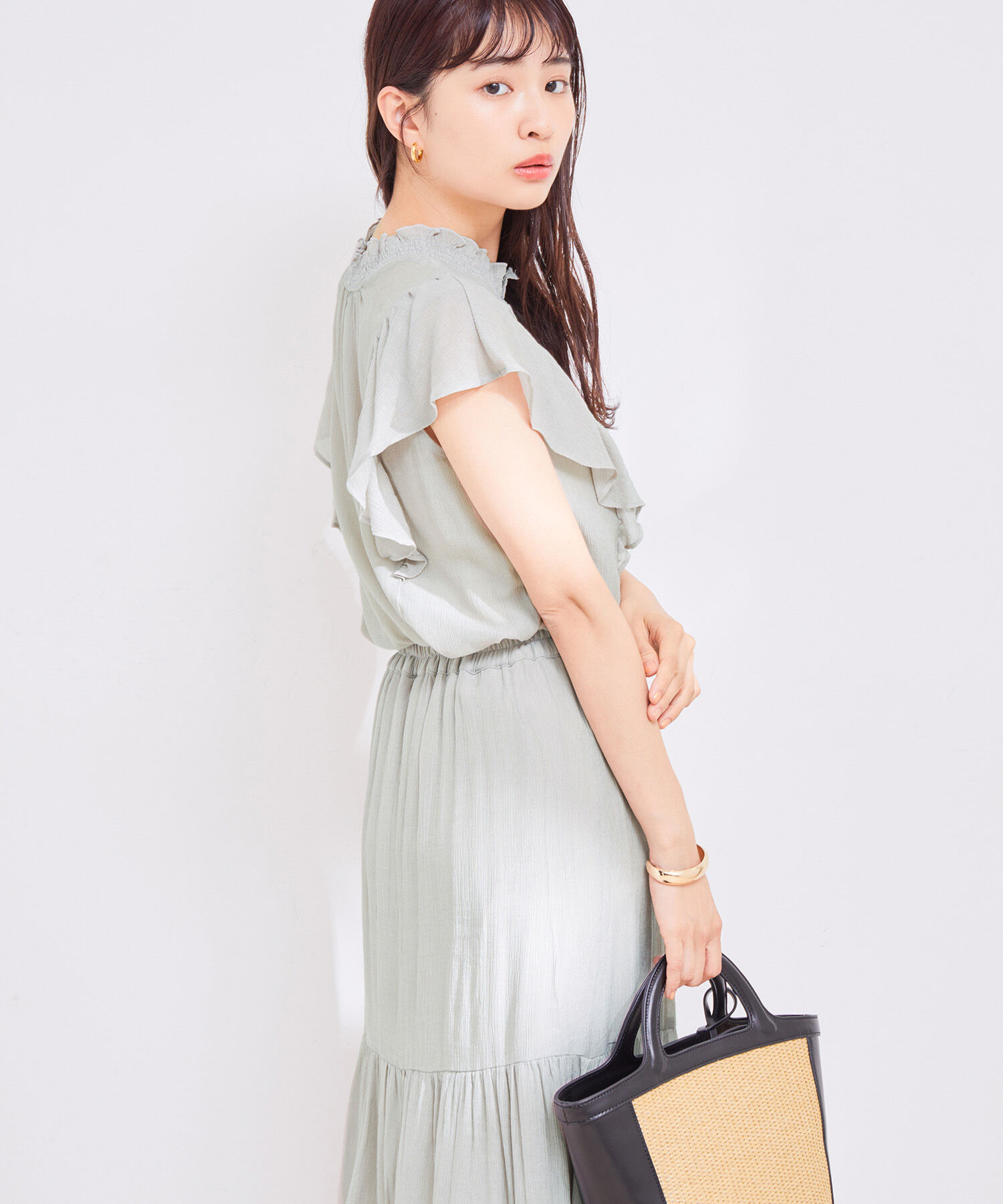 vis-a-vis「【WEB限定】【SET】楊柳フリルノースリブラウス＆ティアードスカートセット」|ワンピース|