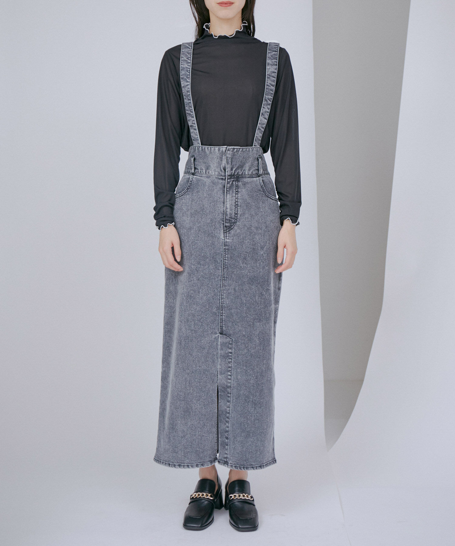 VIS「【洗える】サスペンダー付きハイウエストデニムタイトスカート」|スカート|