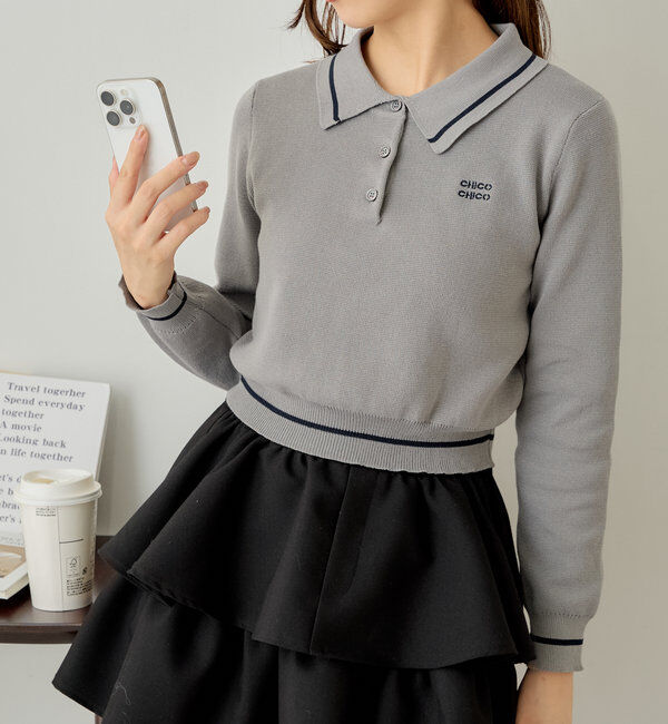  「ロゴ刺繍長袖ポロ」|ニット・セーター|グレー