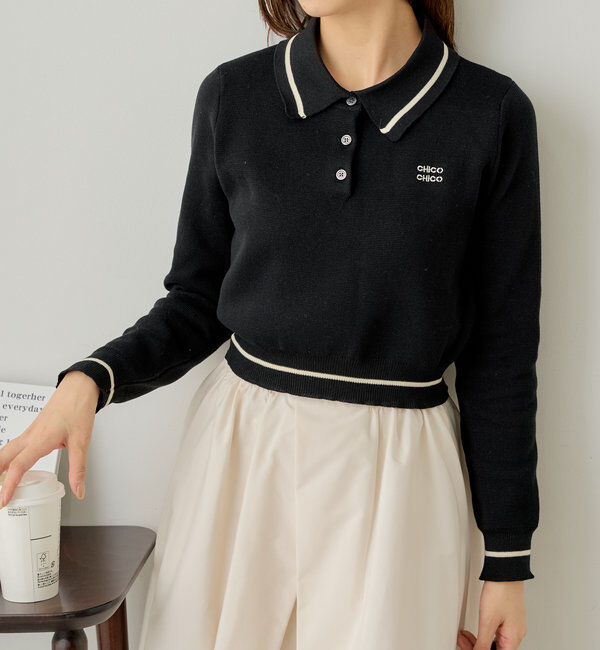  「ロゴ刺繍長袖ポロ」|ニット・セーター|ブラック