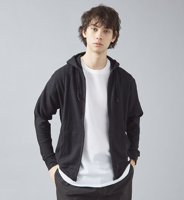ABAHOUSE「【JEMORGAN /ジェーイーモーガン 】軽量ワッフルジップパーカー ダブルジ」|パーカー|ブラック