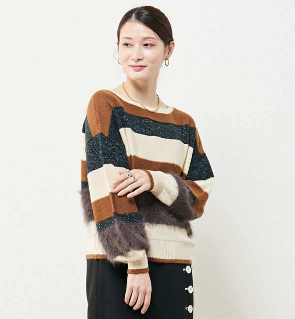 Soffitto「異素材2WAYニットボーダー」|ニット・セーター|ブラウン
