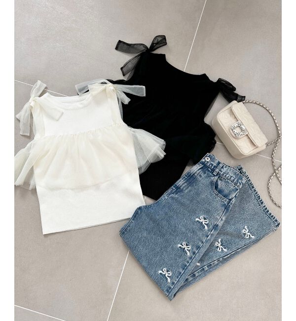 MAJESTICLEGON「肩リボンチュールフリルニット」|ニット・セーター|