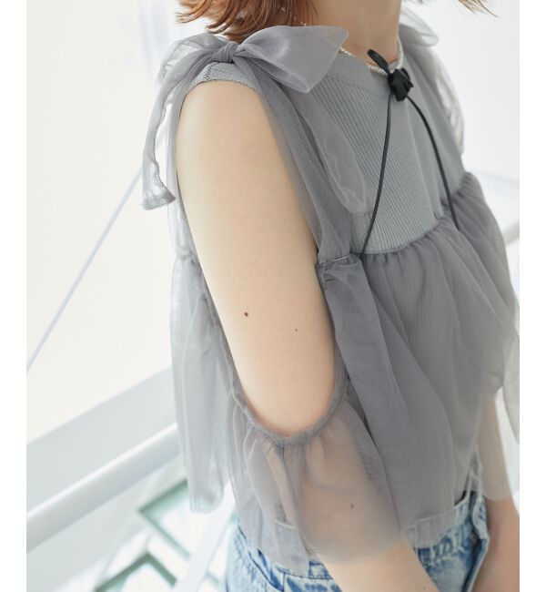 MAJESTICLEGON「肩リボンチュールフリルニット」|ニット・セーター|グレー