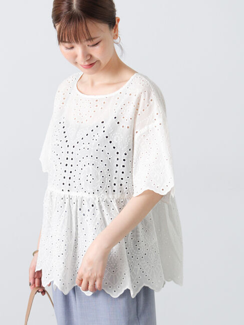 Lugnoncure「アイレットレース半袖ブラウス」|シャツ・ブラウス|オフホワイト