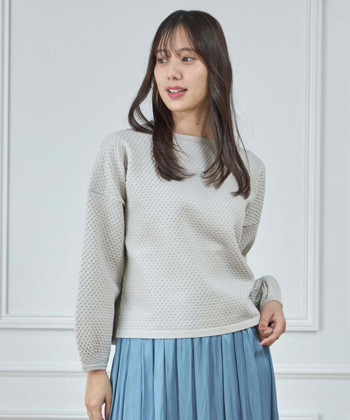 7-IDconcept.「《大きいサイズ》袖ボリューム地柄ニット」|ニット・セーター|グレー1