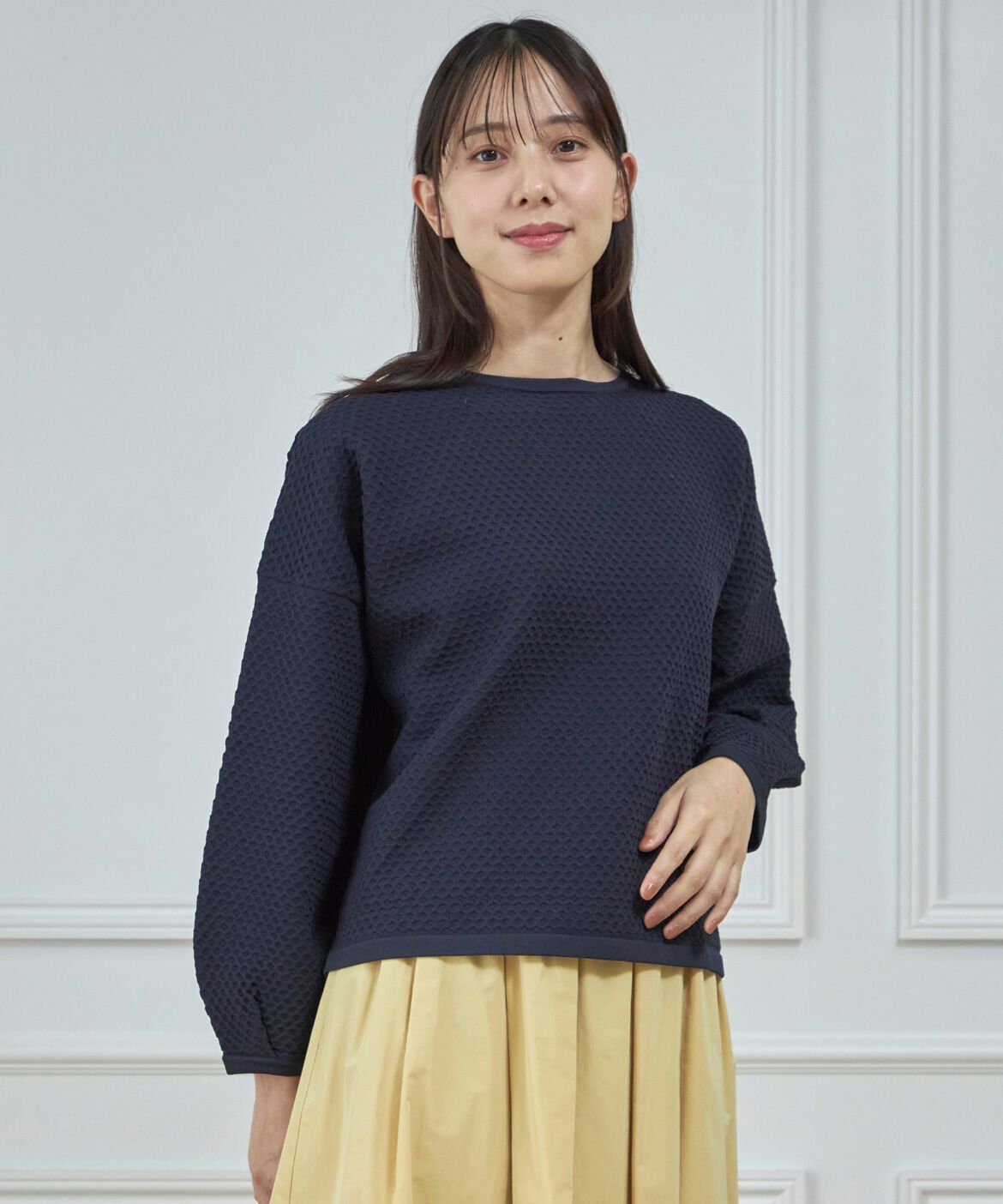 7-IDconcept.「《大きいサイズ》袖ボリューム地柄ニット」|ニット・セーター|ネイビー