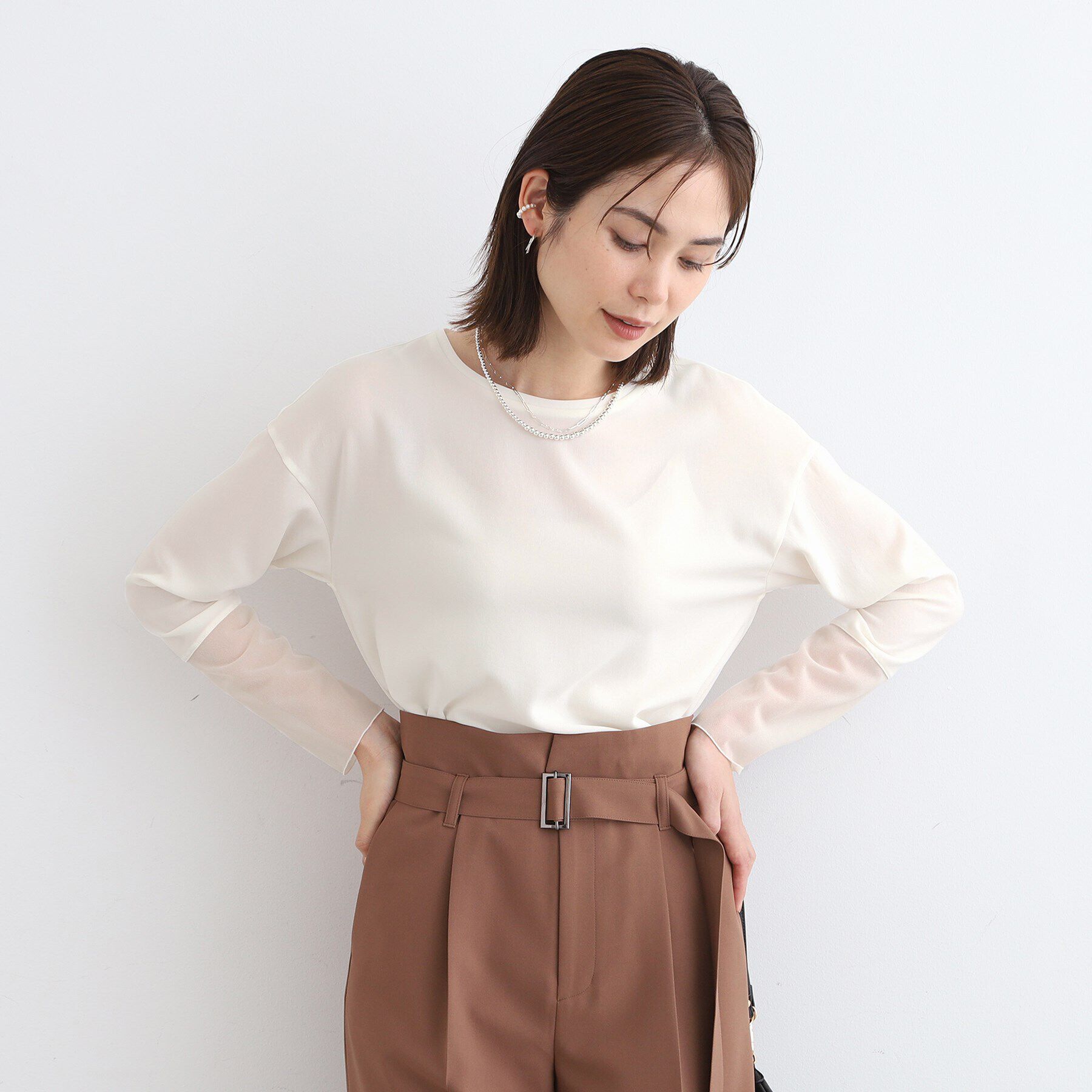 INDIVI「【洗える/日本製】シアーコンビトップス」|Tシャツ・カットソー|オフホワイト(003