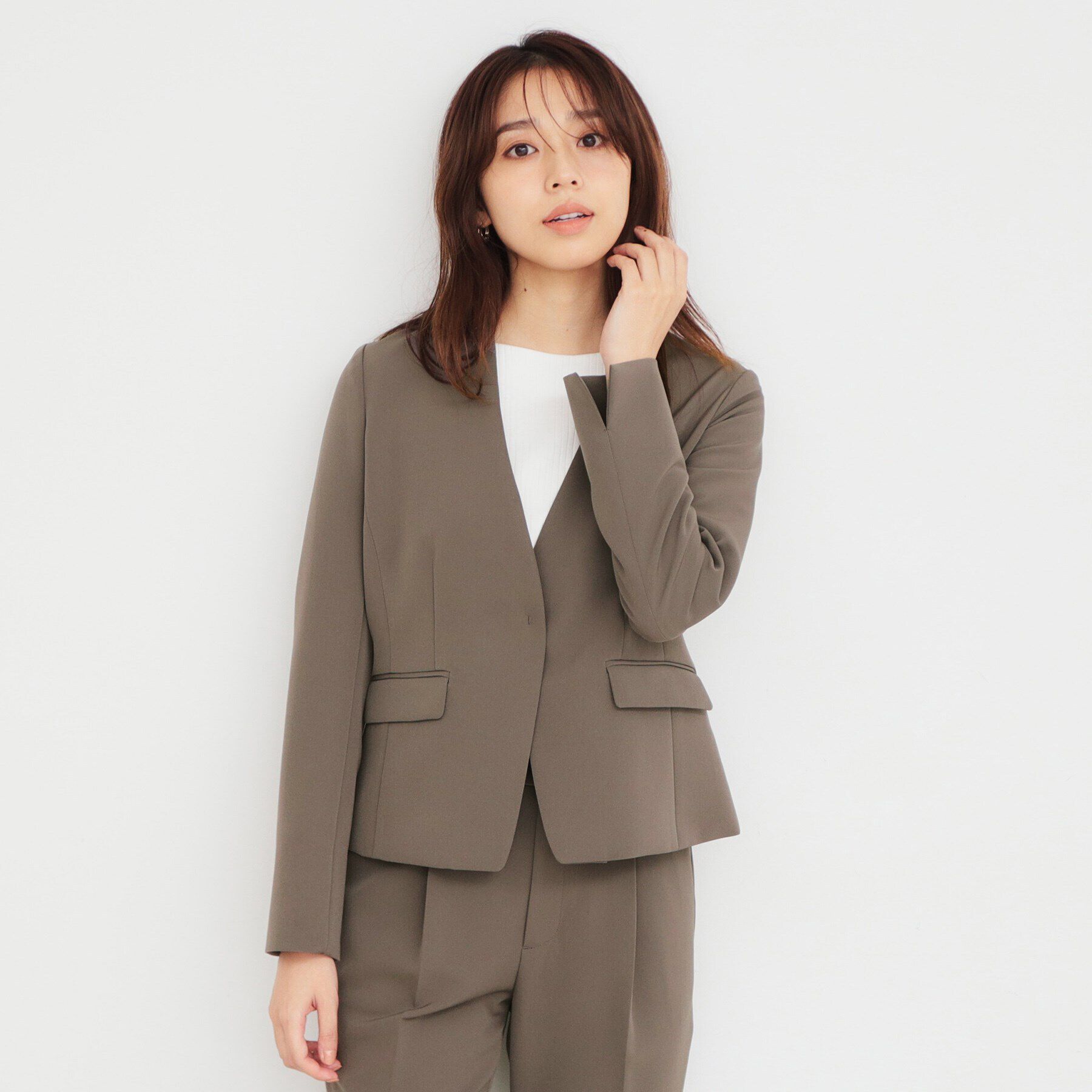 index「ダブルクロスノーカラージャケット/セットアップ対応【洗濯機洗い可/ストレッチ/防シワ/イージーアイロ」|ノーカラージャケット|