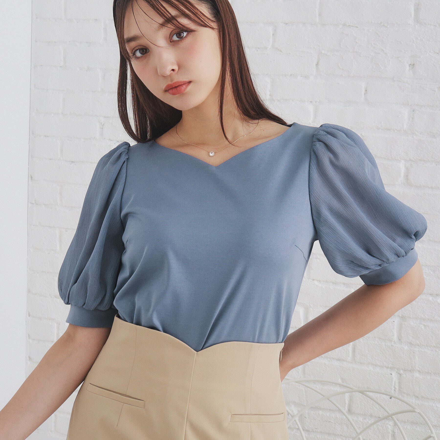 index「シアースリーブハートネックトップス【洗濯機洗い可】」|Tシャツ・カットソー|ブルー(091)