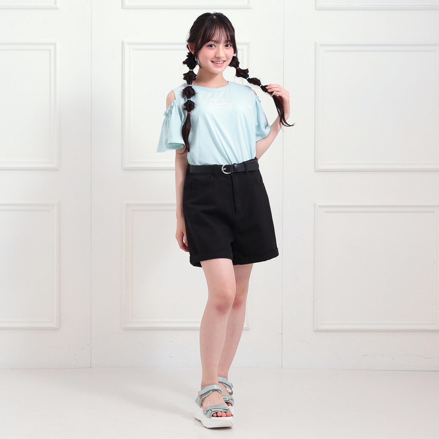 PINK-latte「ベルト付きデニムショートパンツ」|キュロット|