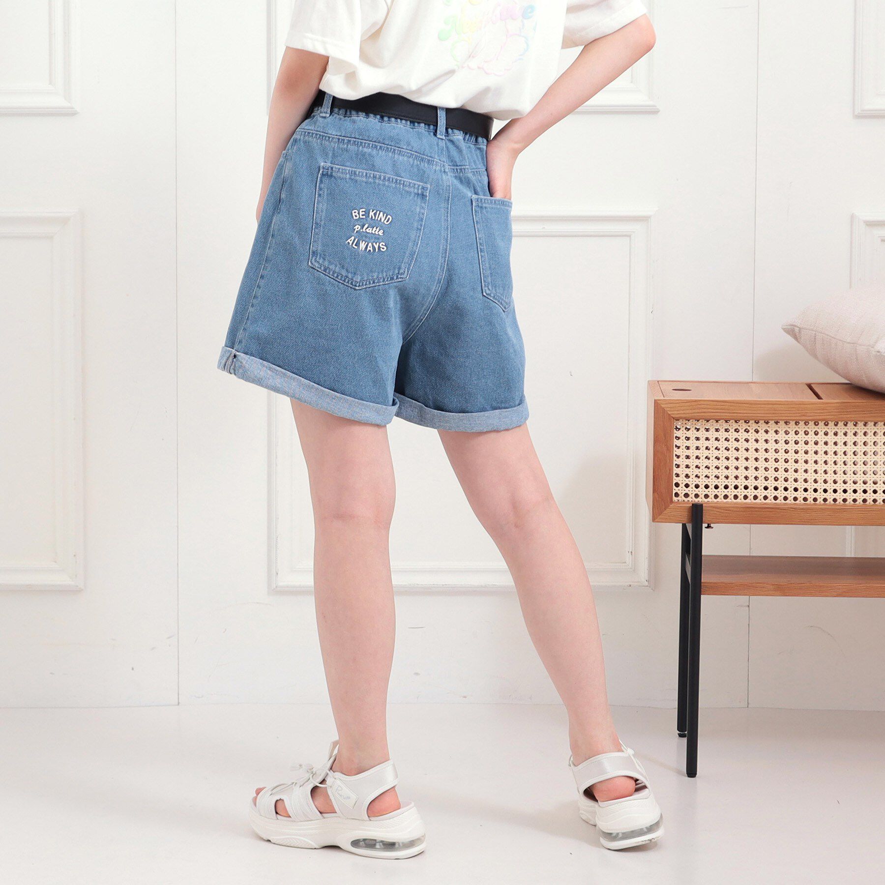 PINK-latte「ベルト付きデニムショートパンツ」|キュロット|