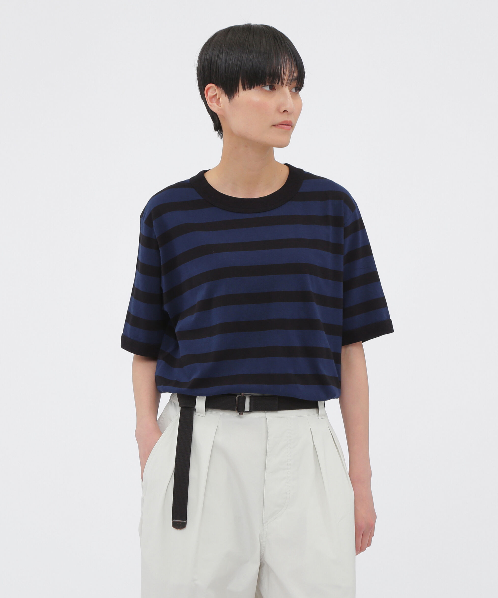 MHL.「COTTON LINEN STRIPE JERSEY (オンラインショップ限定)」|Tシャツ・カットソー|BLUE