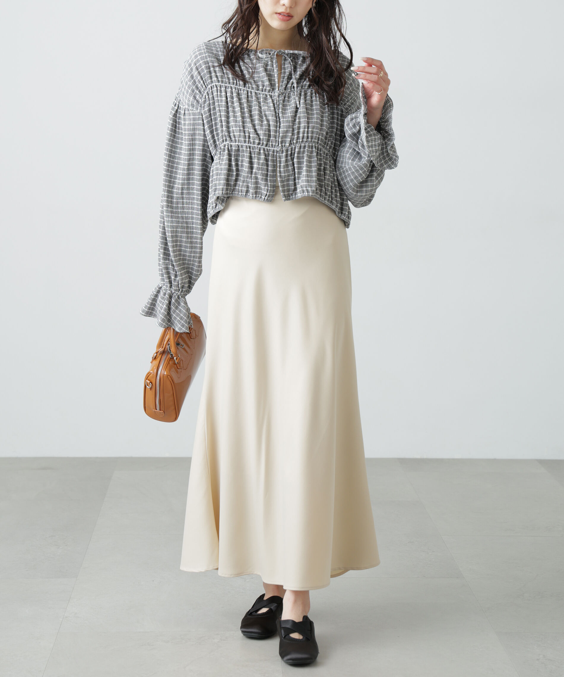  「シアーギャザー前開き短丈ブラウス」|シャツ・ブラウス|