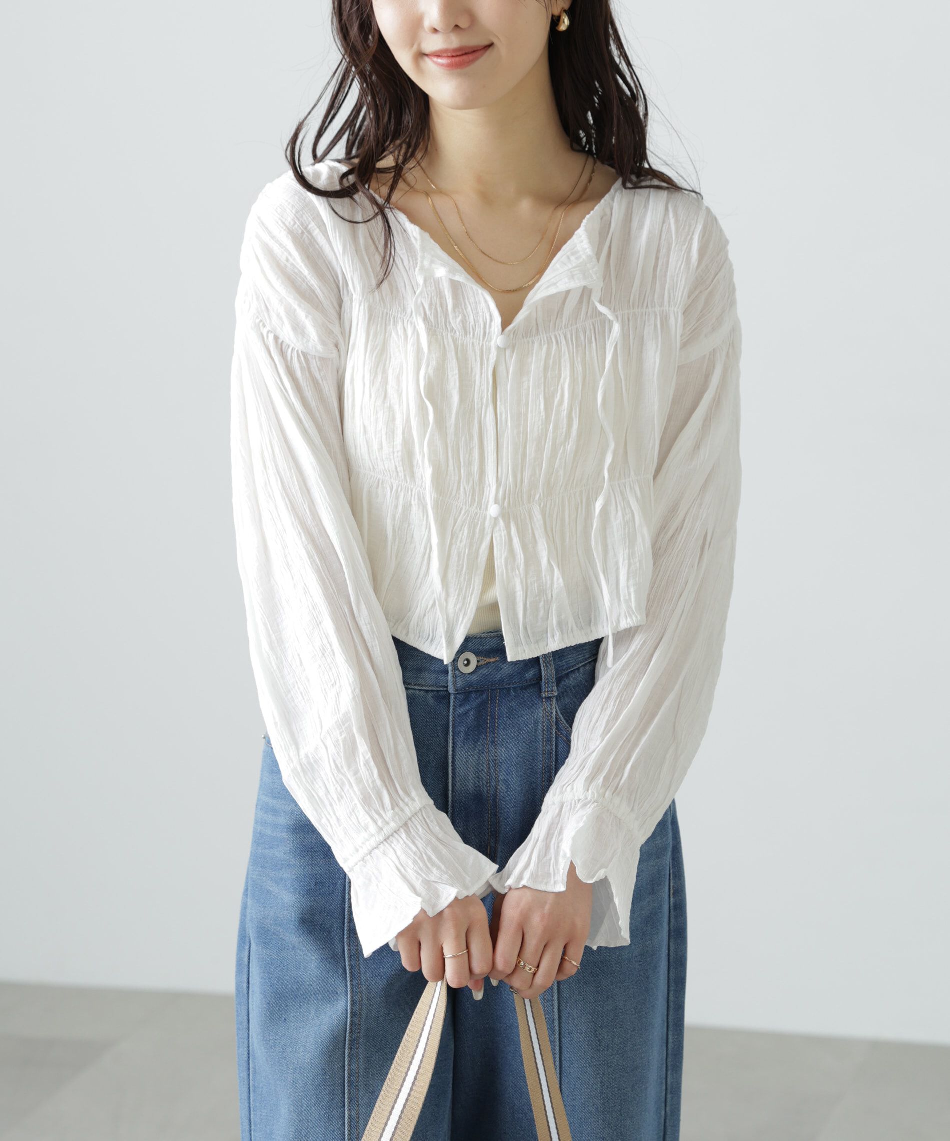  「シアーギャザー前開き短丈ブラウス」|シャツ・ブラウス|