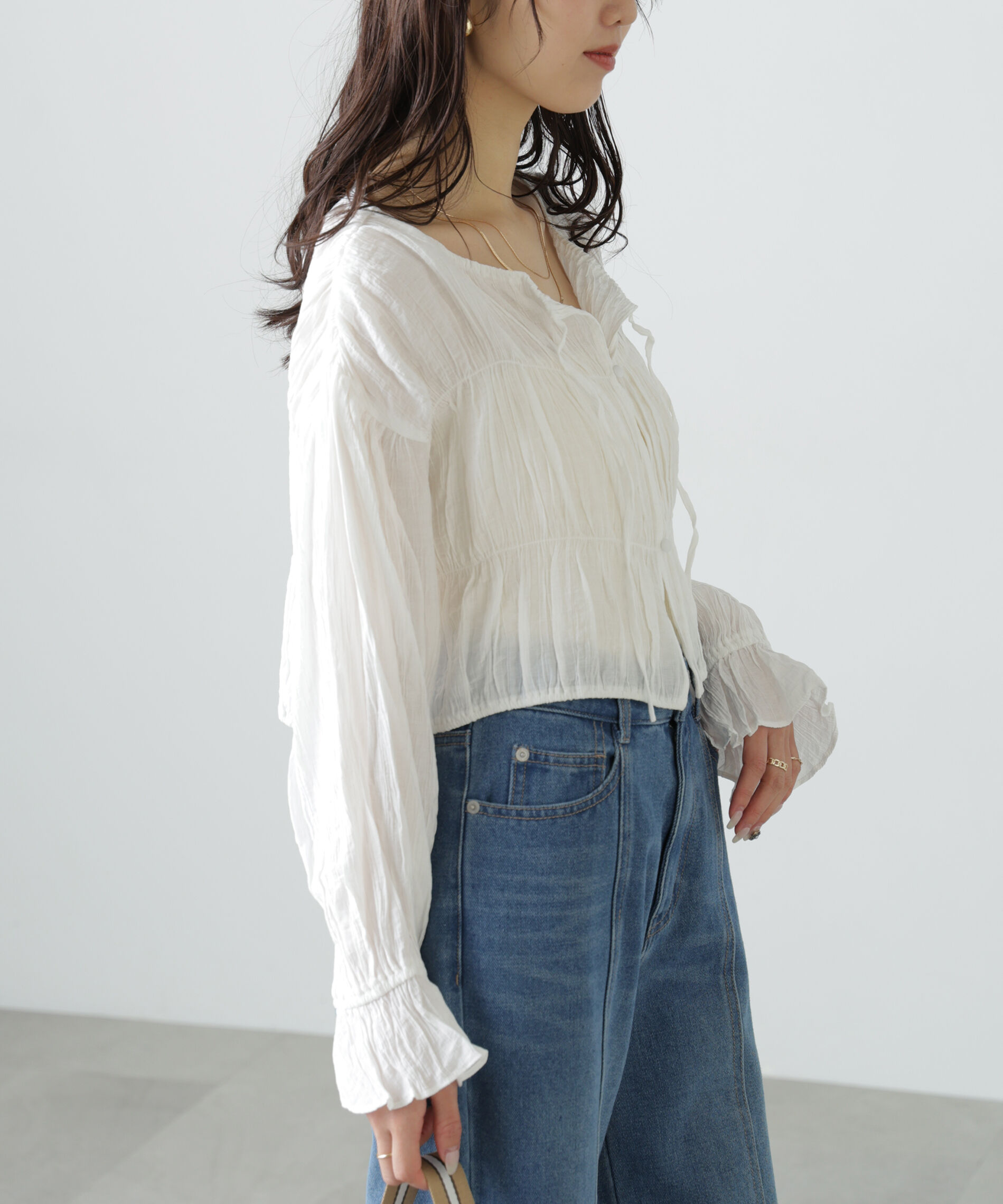  「シアーギャザー前開き短丈ブラウス」|シャツ・ブラウス|