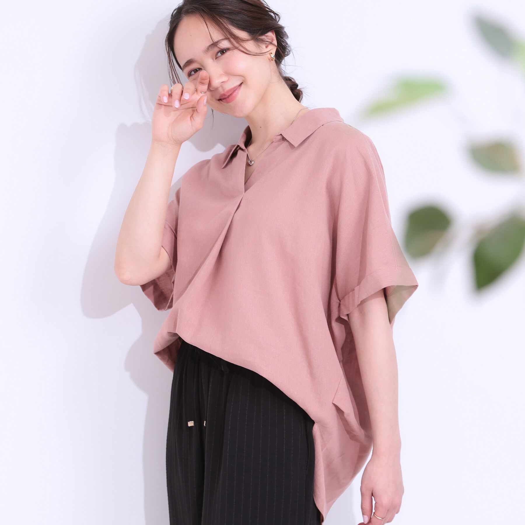 SHOO･LA･RUE「【S-LL/UV/接触冷感/抗菌防臭】体型を自然にカバー フレンチリネンブレンド襟付ドルマンシャツ」|シャツ・ブラウス|ピンク(065)