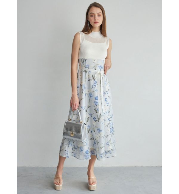 MERCURYDUO「シアーノースリニット花柄ドッキングワンピース」|ワンピース|