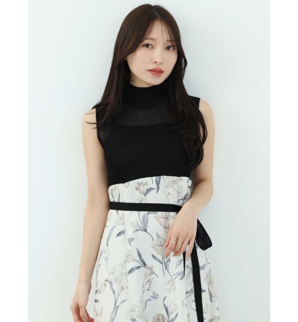 MERCURYDUO「シアーノースリニット花柄ドッキングワンピース」|ワンピース|